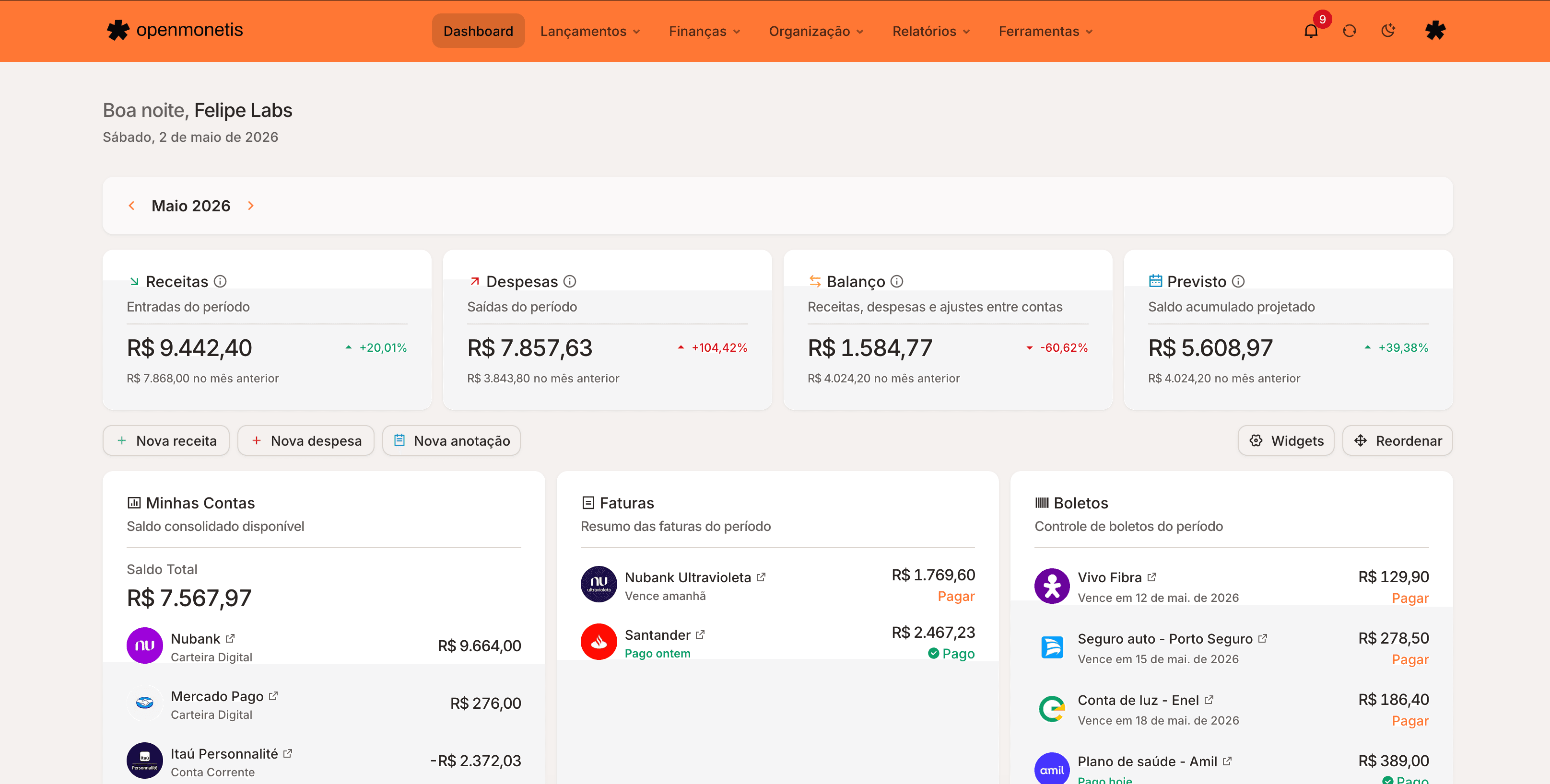 openmonetis Dashboard Preview